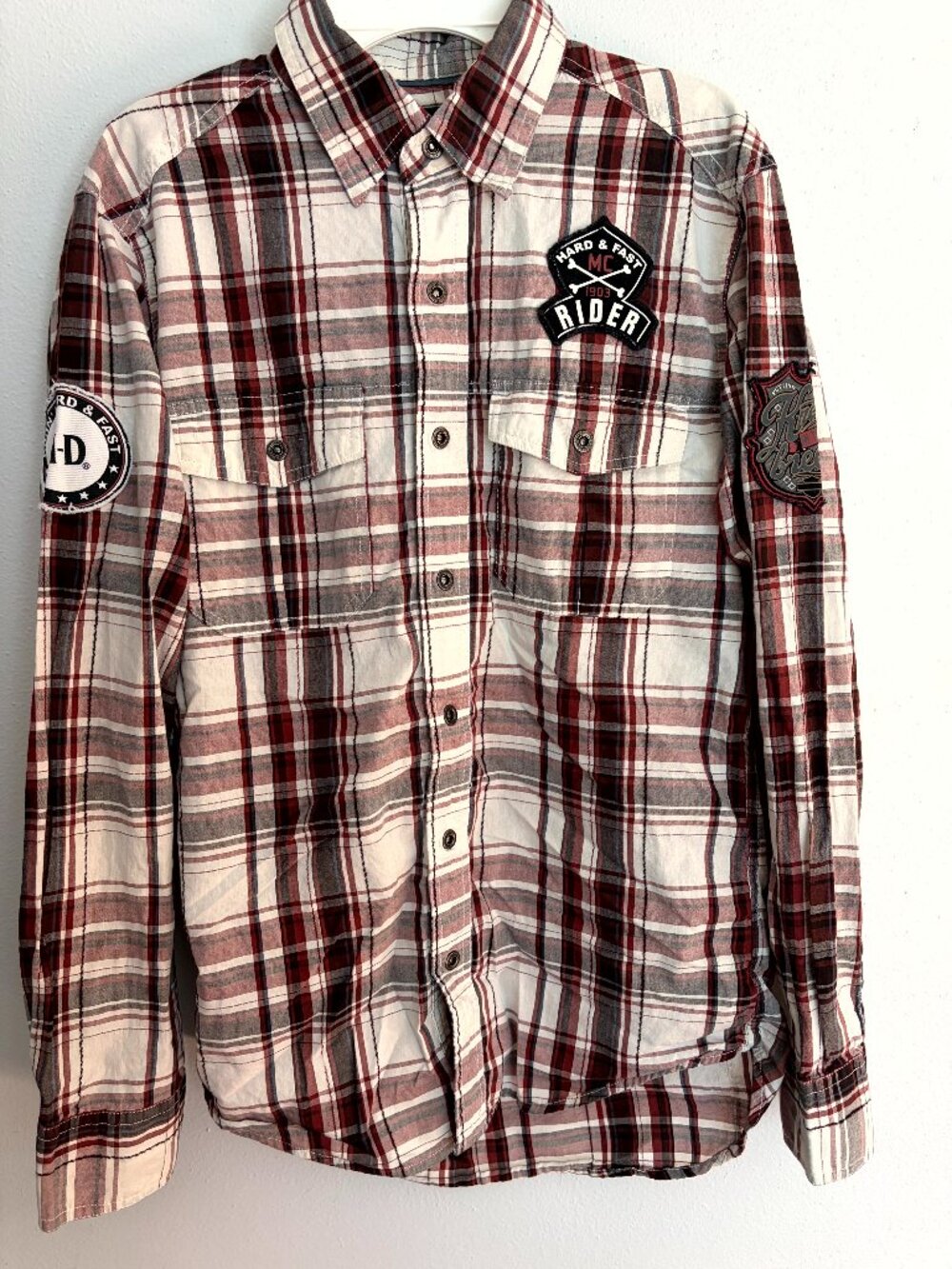 Harley Davidson Men's Button Down Long Sleeve Plaid Shirt Small Burgundy White